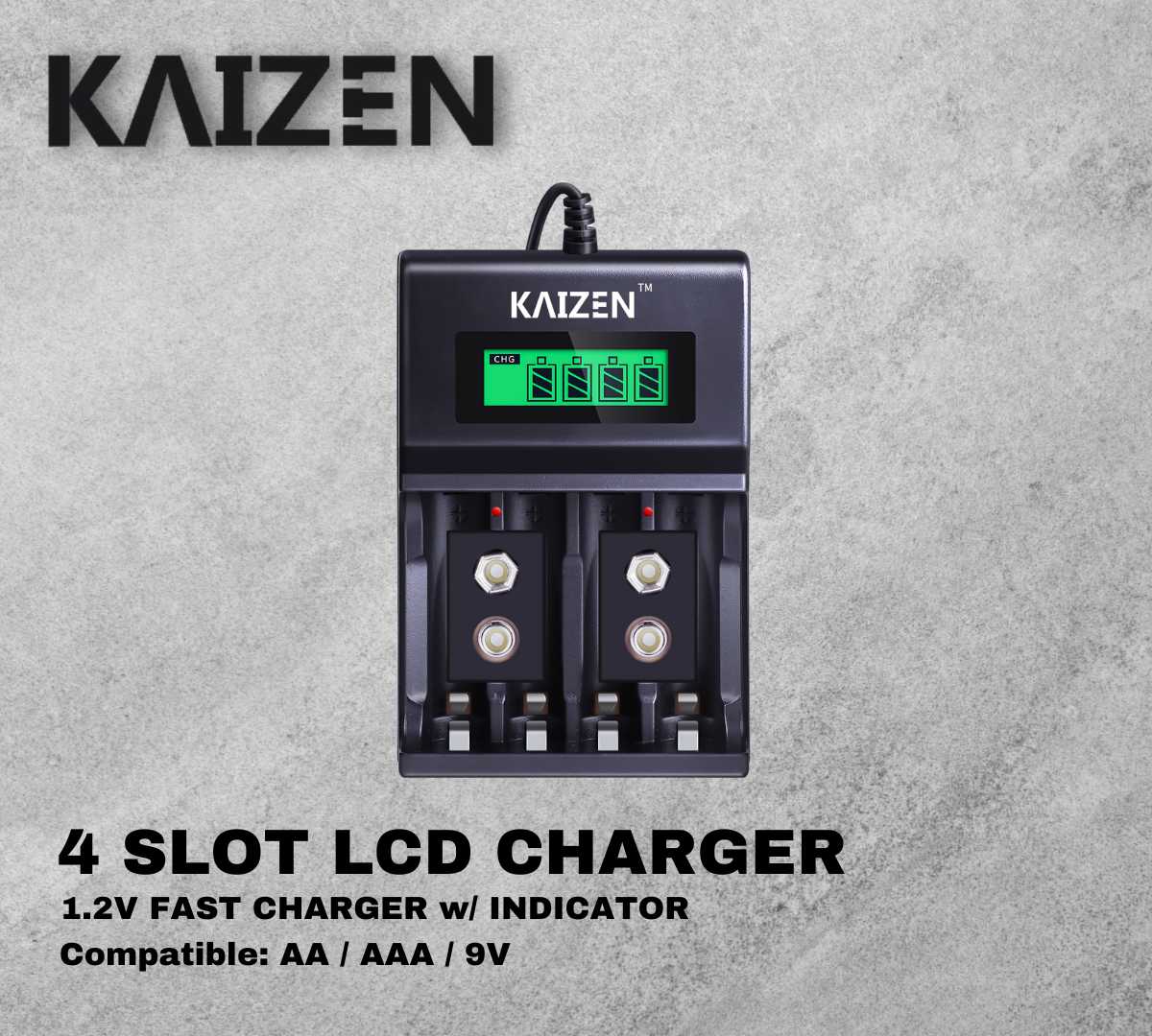 Kaizen 4 Slot Fast Charger with LCD Indicator for AA / AAA / 9V