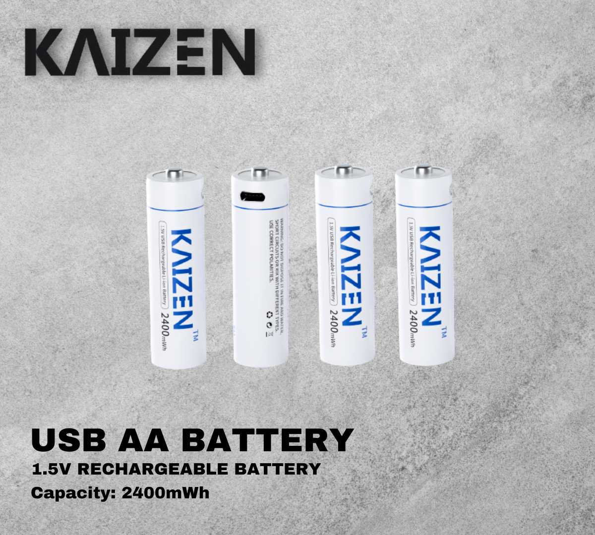 Kaizen USB Lithium AA 2400mWh Rechargeable Battery 1.5V