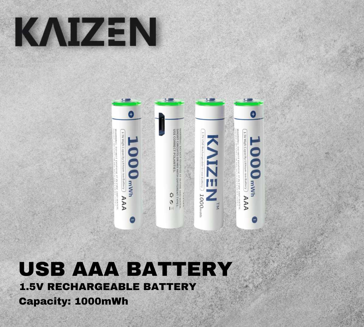 Kaizen USB Lithium AAA 1000mWh Rechargeable Battery 1.5V