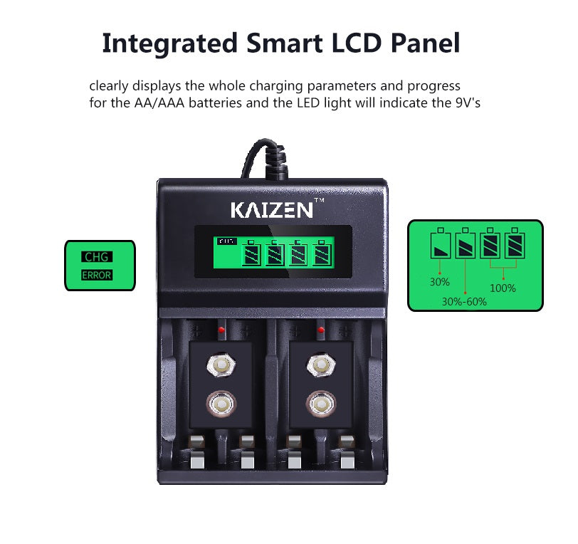 Kaizen 4 Slot Fast Charger with LCD Indicator for AA / AAA / 9V